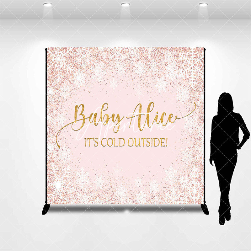 Aperturee - Aperturee Pink Snowflake Custom Name Baby Shower Backdrop