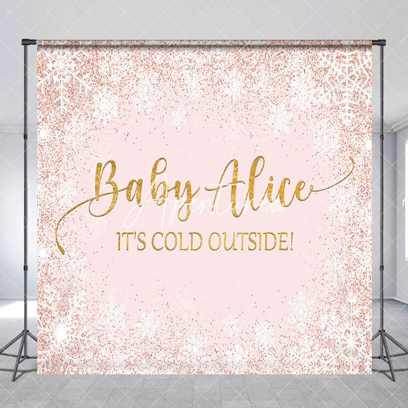 Aperturee - Aperturee Pink Snowflake Custom Name Baby Shower Backdrop