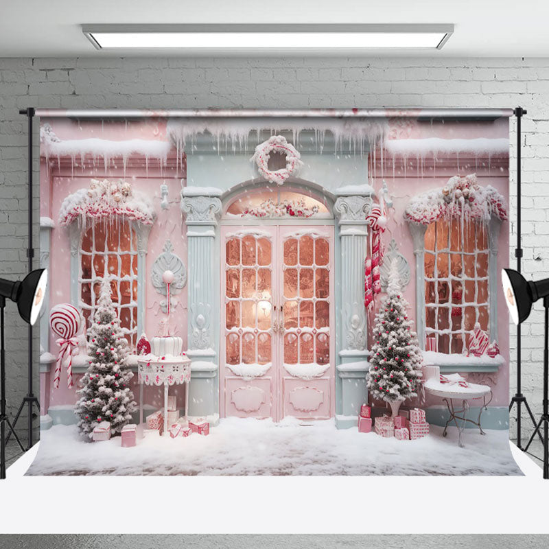 Aperturee - Aperturee Pink Snowy House Girl Winter Photography Backdrop