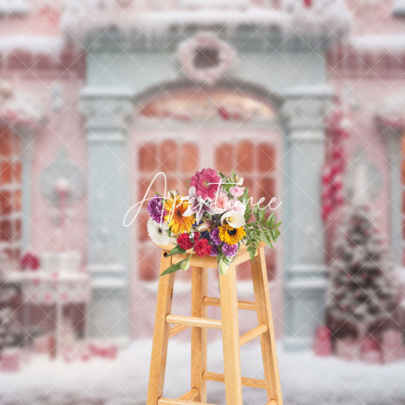 Aperturee - Aperturee Pink Snowy House Girl Winter Photography Backdrop