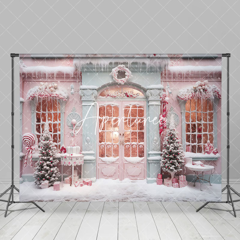 Aperturee - Aperturee Pink Snowy House Girl Winter Photography Backdrop