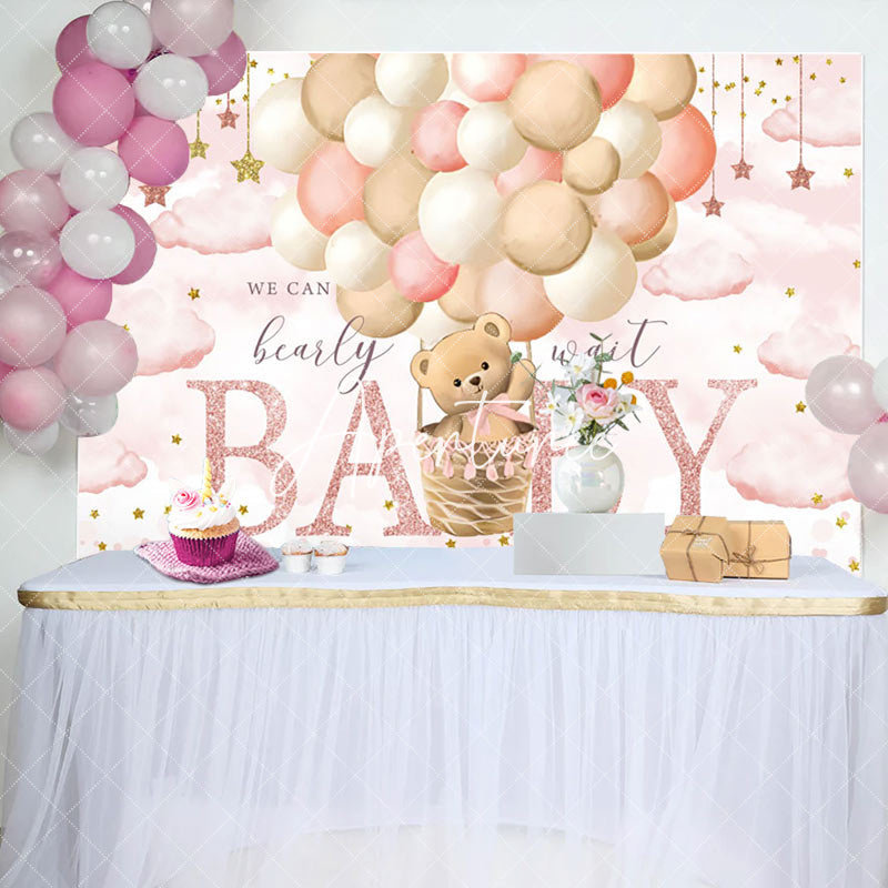 Aperturee - Aperturee Pink Starry Night Balloons Bear Baby Shower Backdrop