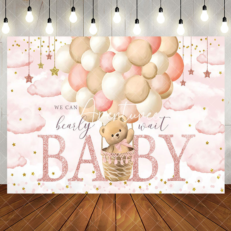 Aperturee - Aperturee Pink Starry Night Balloons Bear Baby Shower Backdrop