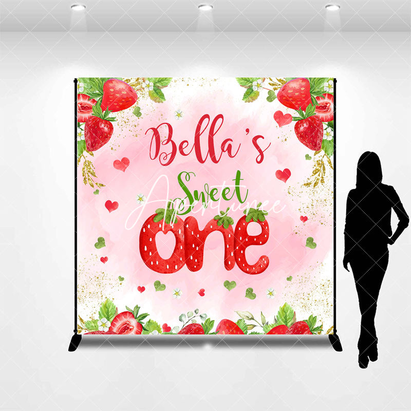 Aperturee - Aperturee Pink Strawberry Custom Name One Birthday Backdrop