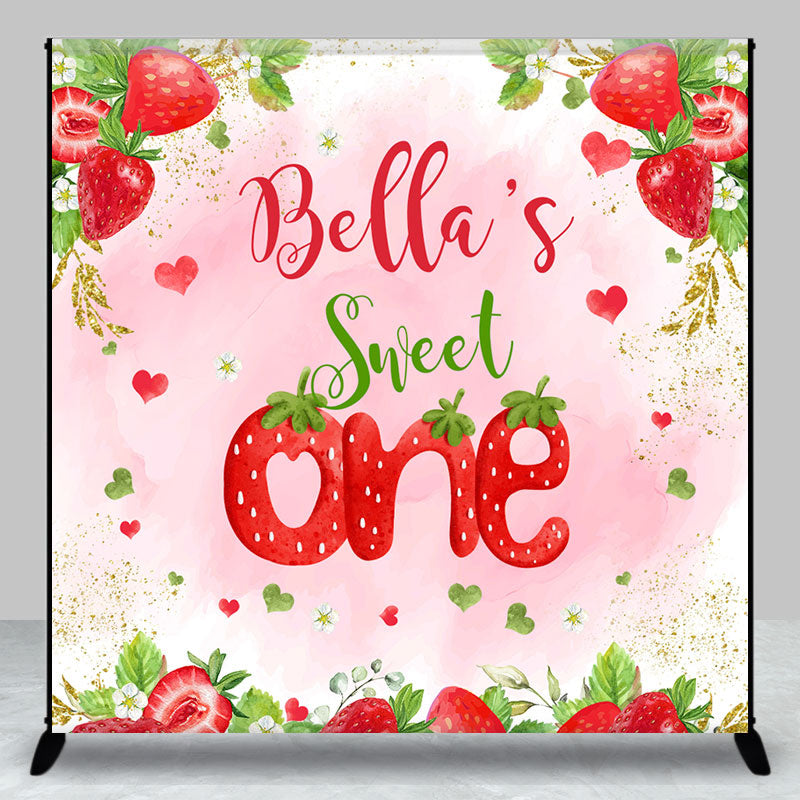 Aperturee - Aperturee Pink Strawberry Custom Name One Birthday Backdrop