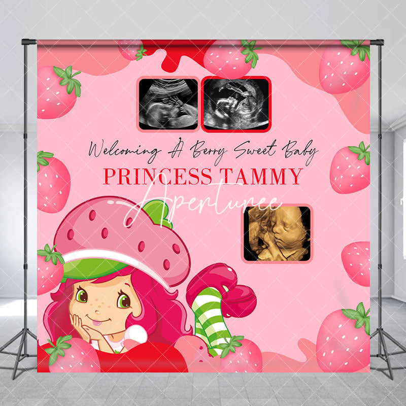 Aperturee - Aperturee Pink Strawberry Custom Name Photo Baby Shower Backdrop