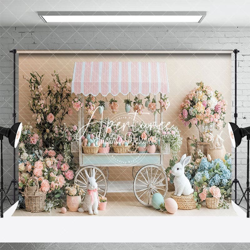 Aperturee - Aperturee Pink Trolley Rabbit Eggs Floral Easter Backdrop