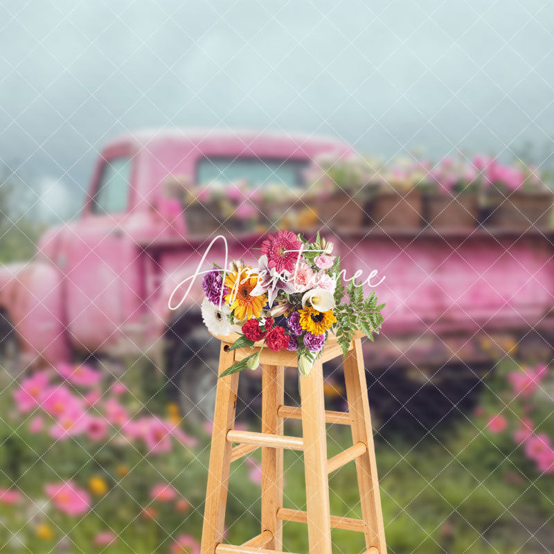 Aperturee - Aperturee Pink Truck Grassland Floral Valentines Day Backdrop