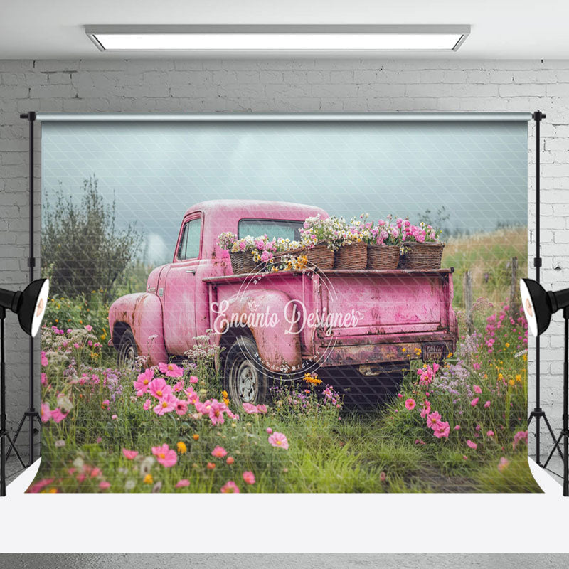 Aperturee - Aperturee Pink Truck Grassland Floral Valentines Day Backdrop