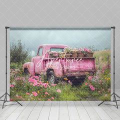 Aperturee - Aperturee Pink Truck Grassland Floral Valentines Day Backdrop