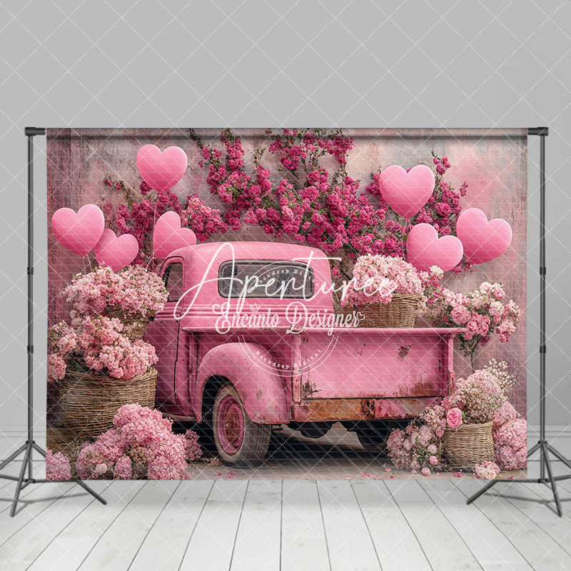 Aperturee - Aperturee Pink Truck Heart Balloons Floral Romantic Backdrop