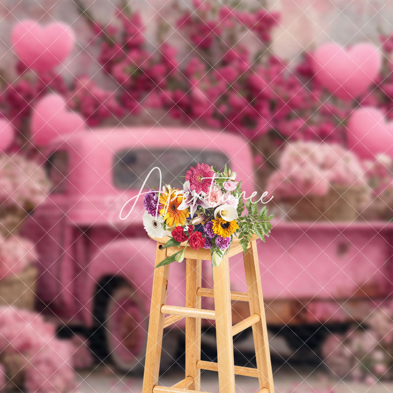 Aperturee - Aperturee Pink Truck Heart Balloons Floral Romantic Backdrop