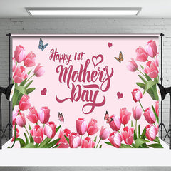 Aperturee - Aperturee Pink Tulip Butterfly Happy 1st Mothers Day Backdrop