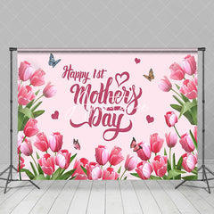 Aperturee - Aperturee Pink Tulip Butterfly Happy 1st Mothers Day Backdrop