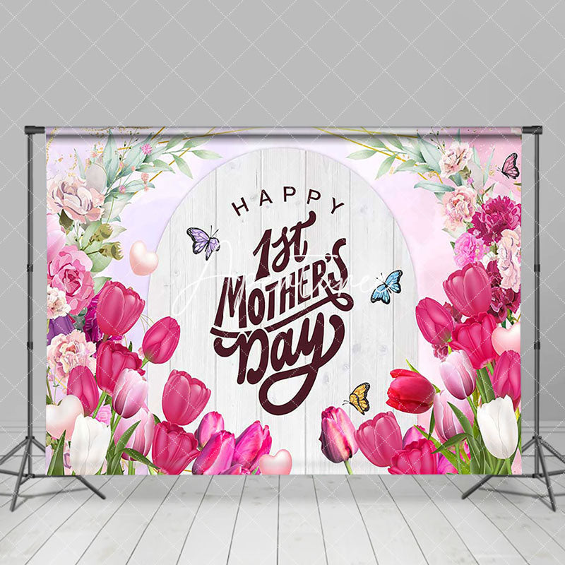 Aperturee - Aperturee Pink Tulip Wood Arch Happy 1st Mothers Day Backdrop