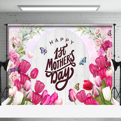 Aperturee - Aperturee Pink Tulip Wood Arch Happy 1st Mothers Day Backdrop