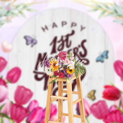 Aperturee - Aperturee Pink Tulip Wood Arch Happy 1st Mothers Day Backdrop