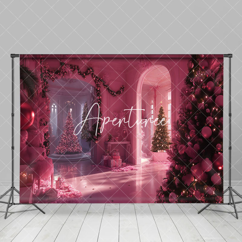 Aperturee - Aperturee Pink Vintage House Xmas Tree Christmas Vibe Backdrop