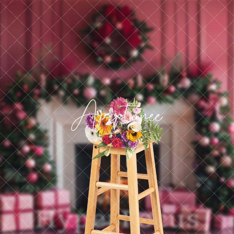 Aperturee - Aperturee Pink Vintage Wall Fireplace Wreath Christmas Backdrop