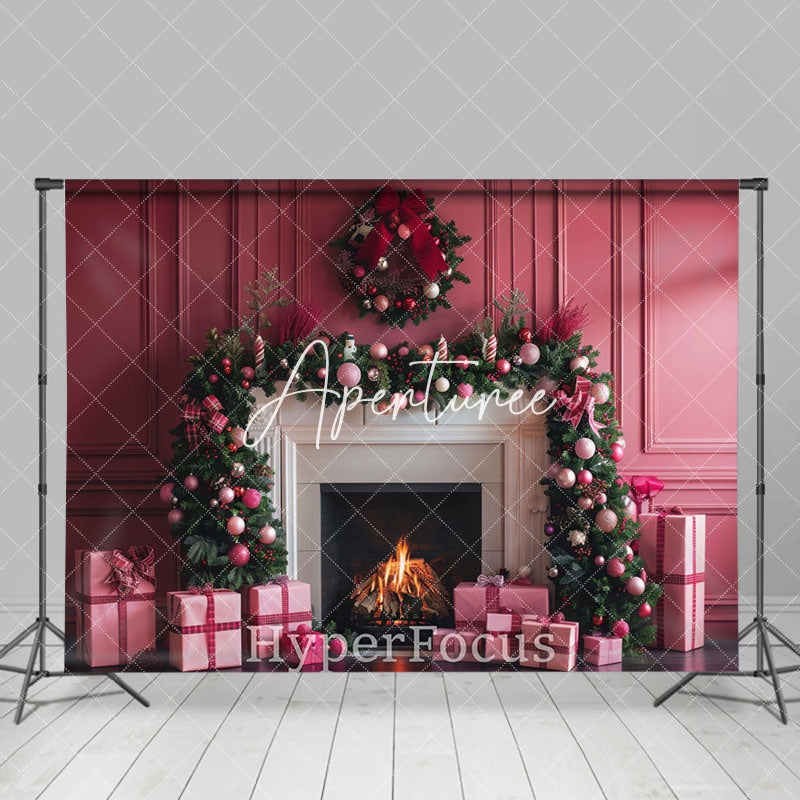 Aperturee - Aperturee Pink Vintage Wall Fireplace Wreath Christmas Backdrop