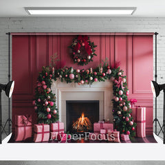 Aperturee - Aperturee Pink Vintage Wall Fireplace Wreath Christmas Backdrop