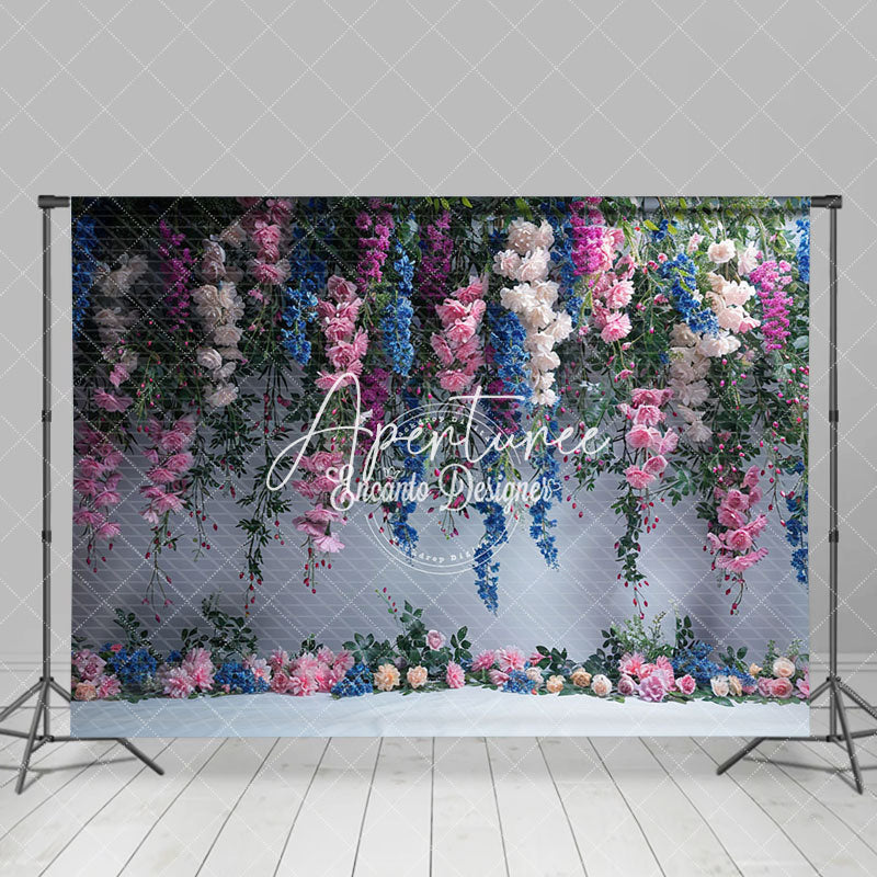 Aperturee - Aperturee Pink White Blue Vine Floral Photography Backdrop