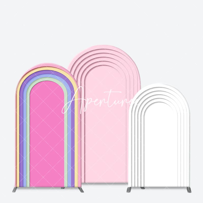 Aperturee - Aperturee Pink White Color Rainbow Birthday Party Arch Backdrop