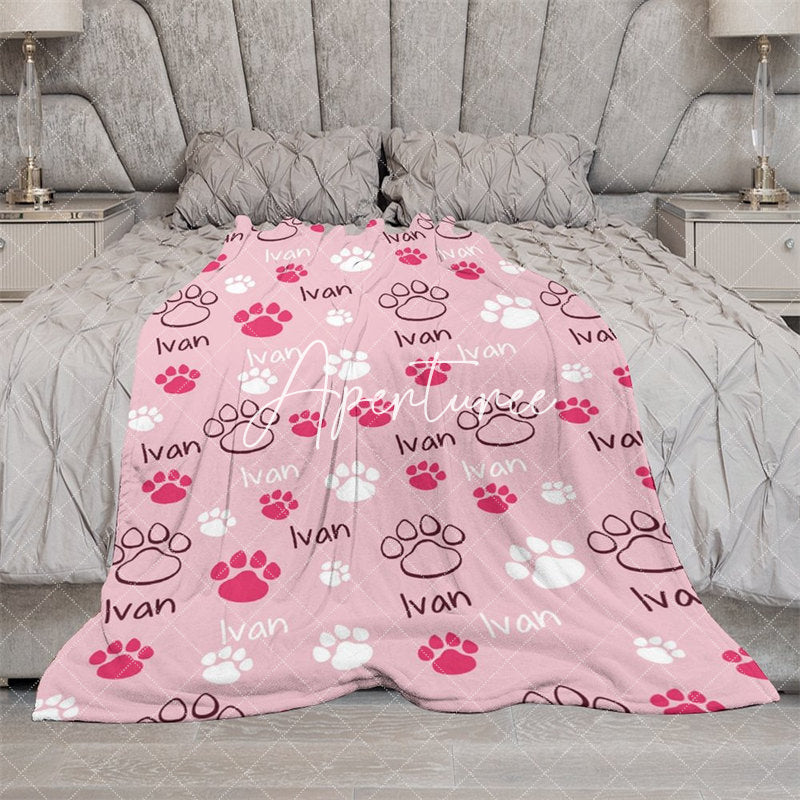 Aperturee - Aperturee Pink White Cute Paw Print Custom Pet Name Blanket