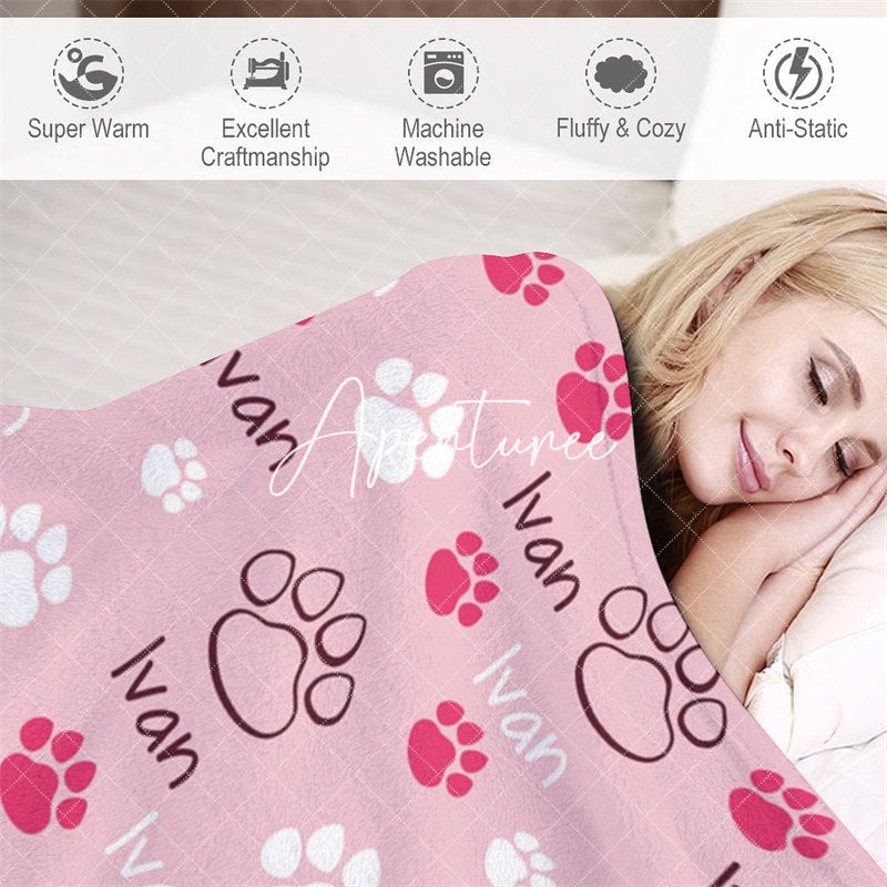 Aperturee - Aperturee Pink White Cute Paw Print Custom Pet Name Blanket