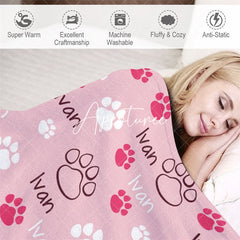 Aperturee - Aperturee Pink White Cute Paw Print Custom Pet Name Blanket