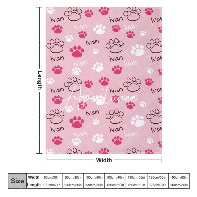 Aperturee - Aperturee Pink White Cute Paw Print Custom Pet Name Blanket