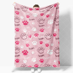 Aperturee - Aperturee Pink White Cute Paw Print Custom Pet Name Blanket