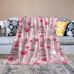 Aperturee - Aperturee Pink White Cute Paw Print Custom Pet Name Blanket