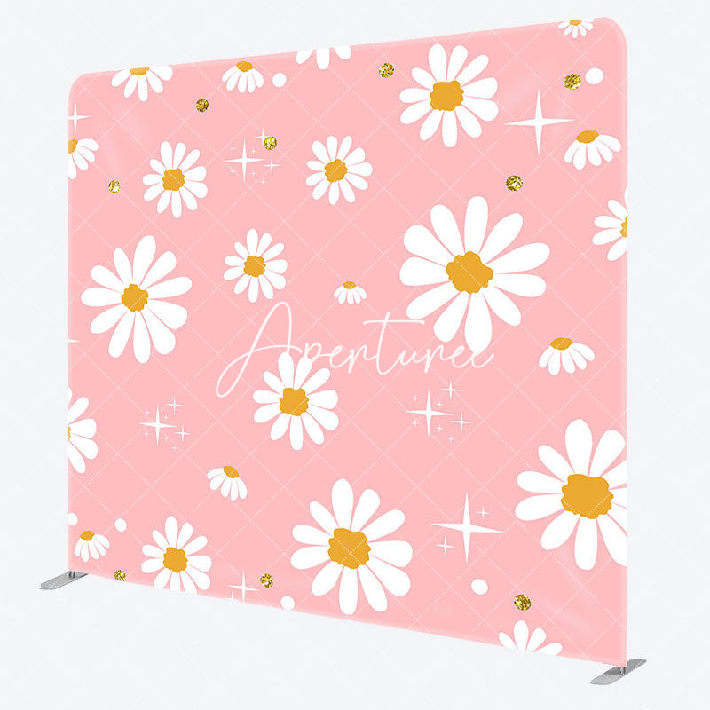 Aperturee - Aperturee Pink White Daisy Floral Sparkle Pillow Cover Backdrop