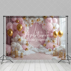 Aperturee - Aperturee Pink White Fairy Cloud Balloons Cake Smash Backdrop