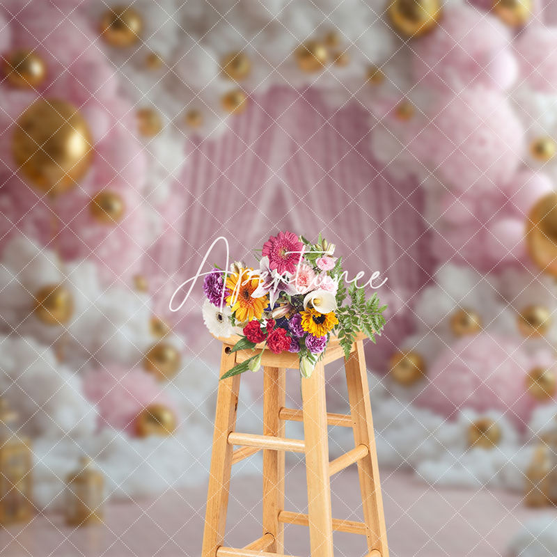 Aperturee - Aperturee Pink White Fairy Cloud Balloons Cake Smash Backdrop