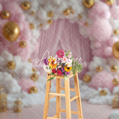 Aperturee - Aperturee Pink White Fairy Cloud Balloons Cake Smash Backdrop