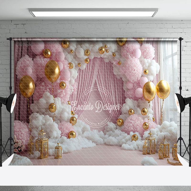 Aperturee - Aperturee Pink White Fairy Cloud Balloons Cake Smash Backdrop