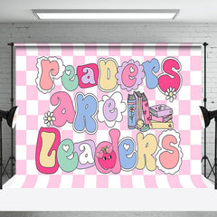 Aperturee - Aperturee Pink White Plaid Readers Are Leaders Party Backdrop