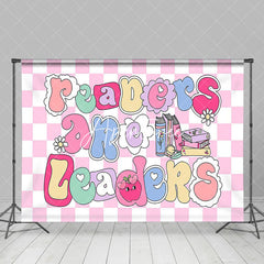 Aperturee - Aperturee Pink White Plaid Readers Are Leaders Party Backdrop