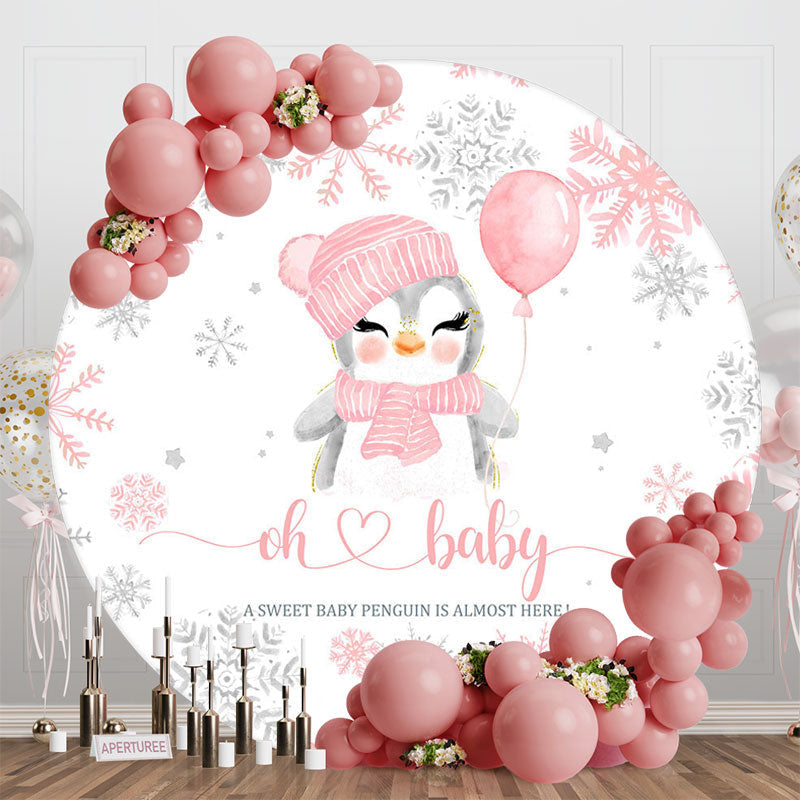 Aperturee - Aperturee Pink White Snowy Penguin Round Baby Shower Backdrop