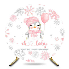 Aperturee - Aperturee Pink White Snowy Penguin Round Baby Shower Backdrop