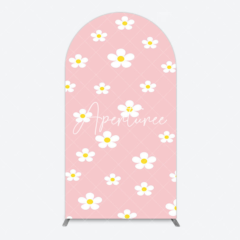 Aperturee - Aperturee Pink White Yellow Daisy Floral Birthday Arch Backdrop