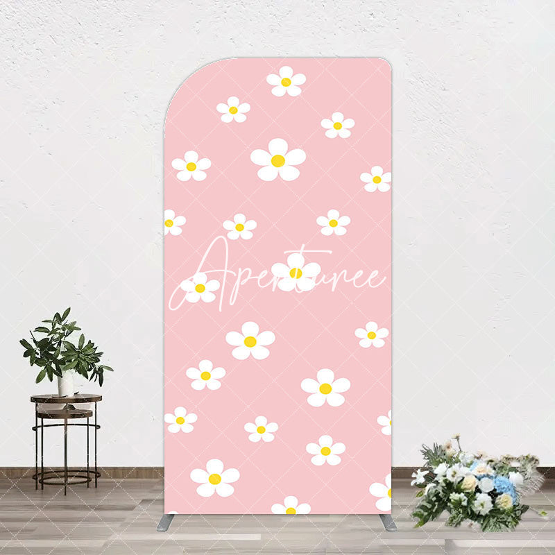 Aperturee - Aperturee Pink White Yellow Daisy Floral Birthday Arch Backdrop