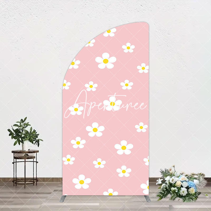 Aperturee - Aperturee Pink White Yellow Daisy Floral Birthday Arch Backdrop