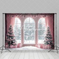 Aperturee - Aperturee Pink Window Snowy Forest Scene Christmas Backdrop