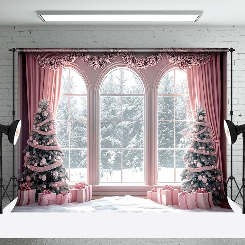 Aperturee - Aperturee Pink Window Snowy Forest Scene Christmas Backdrop