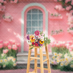 Aperturee - Aperturee Pink Wood Garden Cabin Floral Spring Photo Backdrop