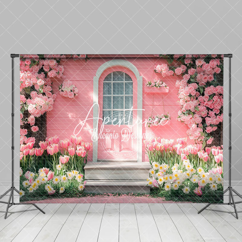 Aperturee - Aperturee Pink Wood Garden Cabin Floral Spring Photo Backdrop