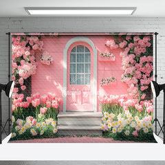 Aperturee - Aperturee Pink Wood Garden Cabin Floral Spring Photo Backdrop